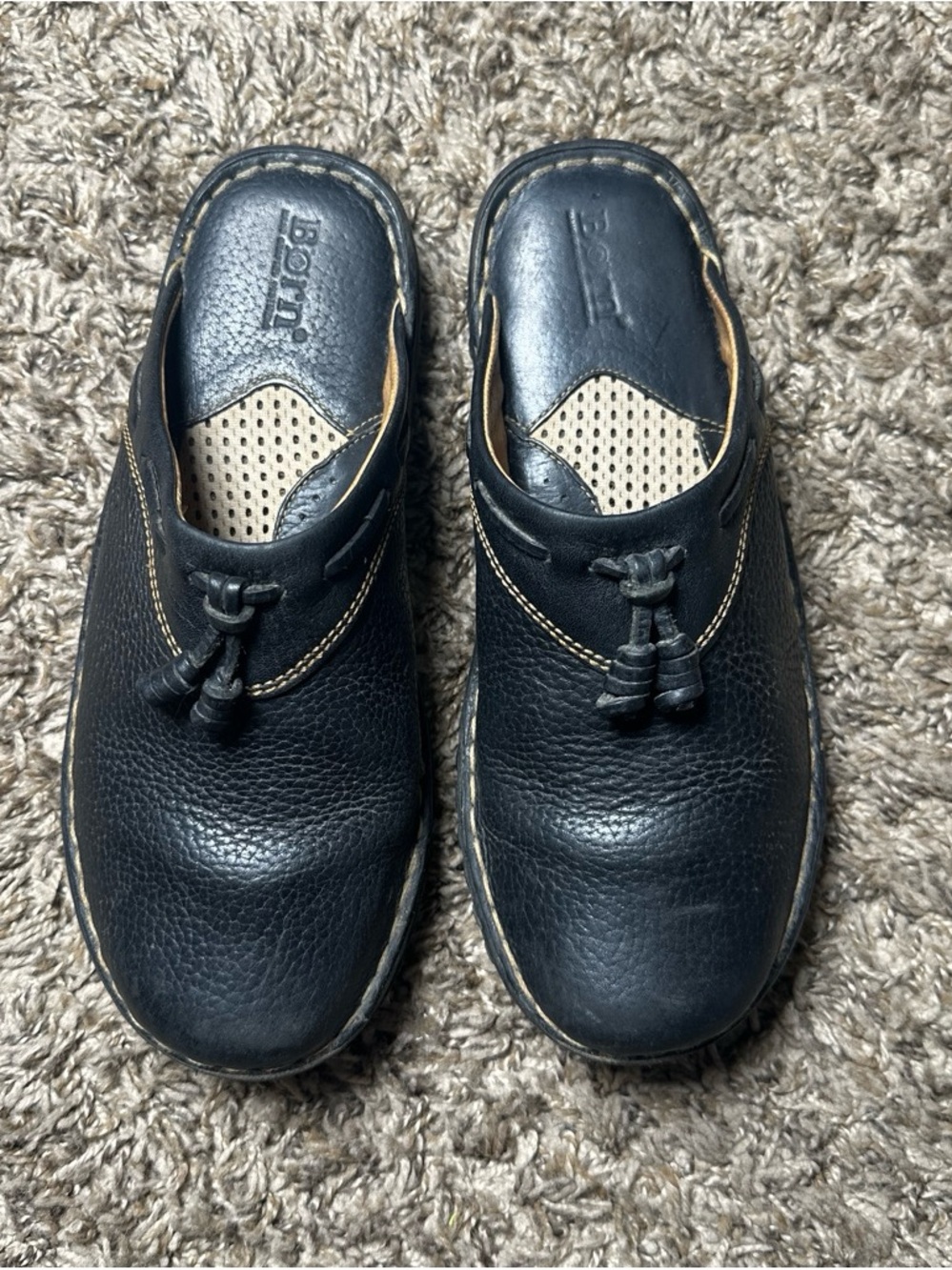 Born Black Leather Slip-On Mules with Tassel Accent Women’s Size 7 / EU 38